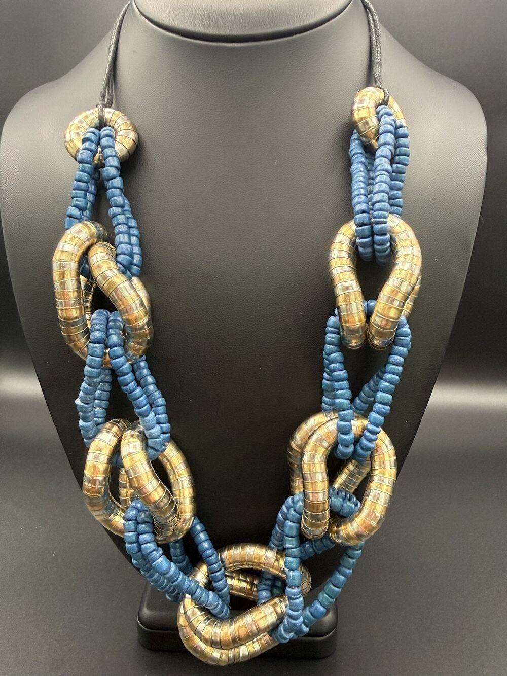 Vintage Chunky Multi Strand Blue Bead Statement Necklace Flexible Gas Pipe Links